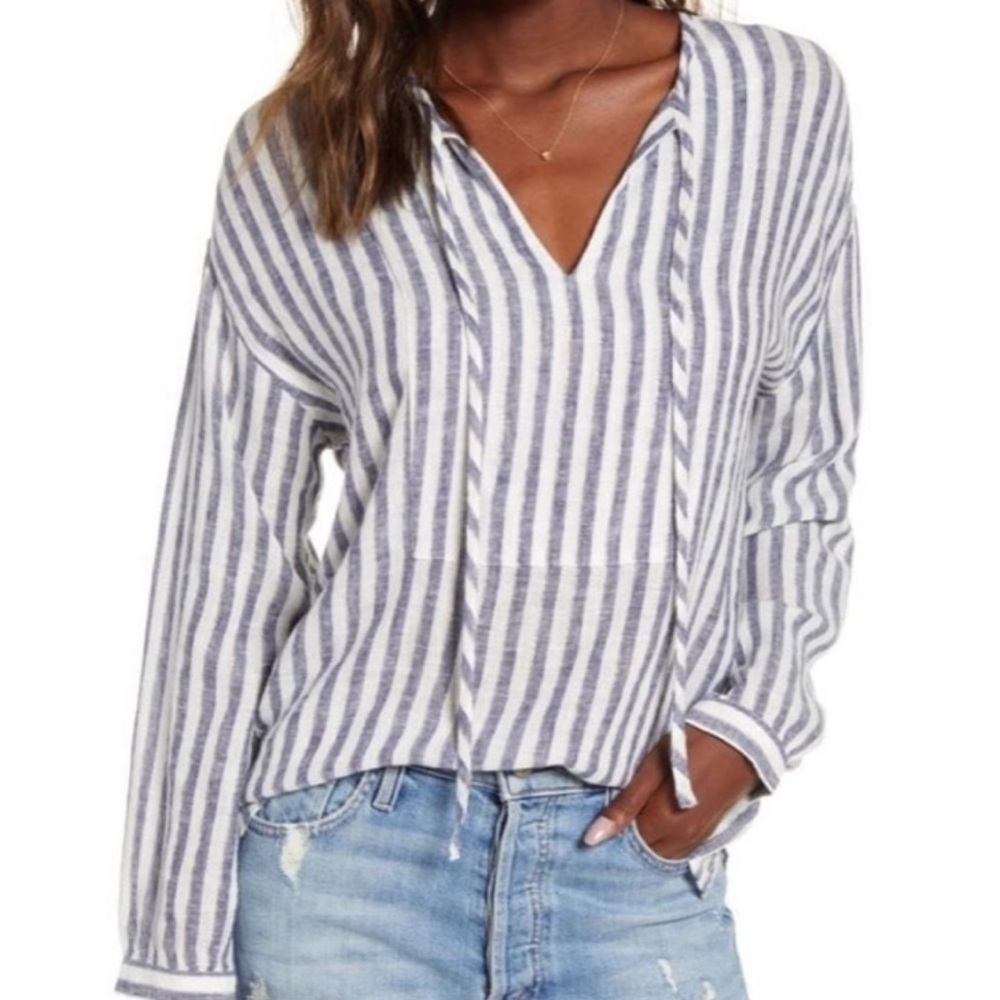 Rails Nina Striped Linen Blend Women's Top Blouse Rio Stripe M Long sleeves
